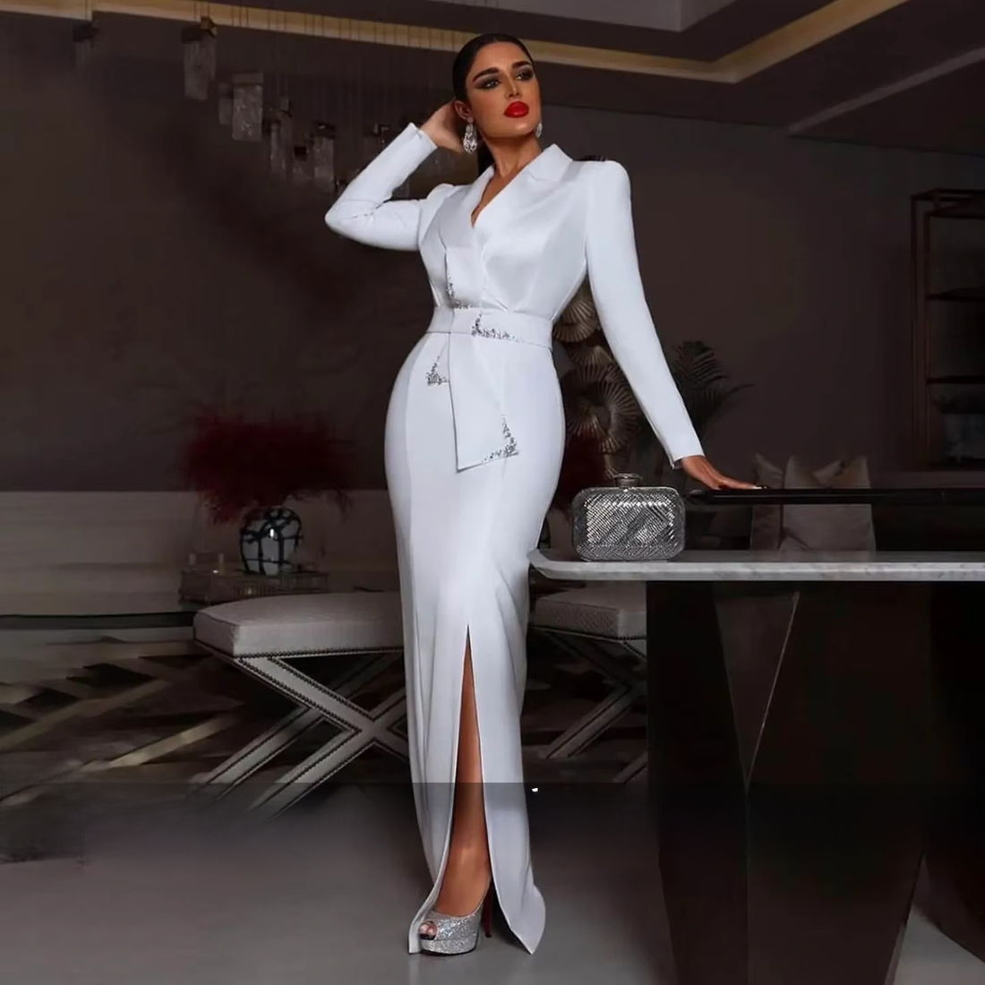 New Modern Crystal White Women Blazer Dress 