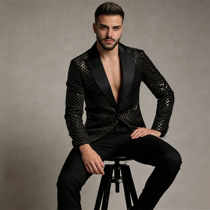 Mens Black Blazer with Gold Geometric Mesh Fashion Party Wedding Wear