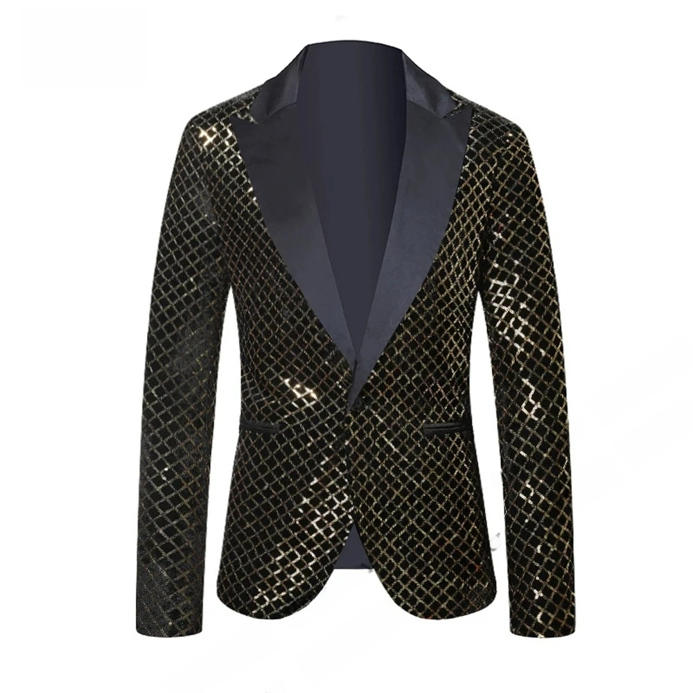 Mens Black Blazer with Gold Geometric Mesh Fashion Party Wedding Wear