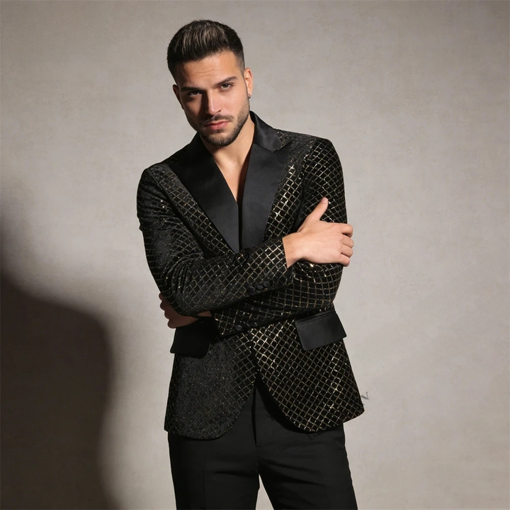 Mens Black Blazer with Gold Geometric Mesh Fashion Party Wedding Wear