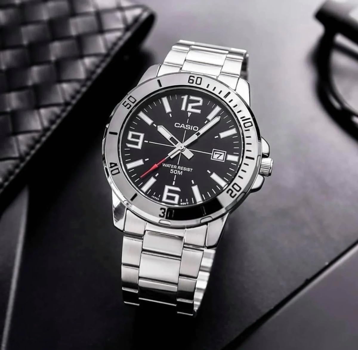 Mens Enticer Stainless Steel Black Dial Casio Watch