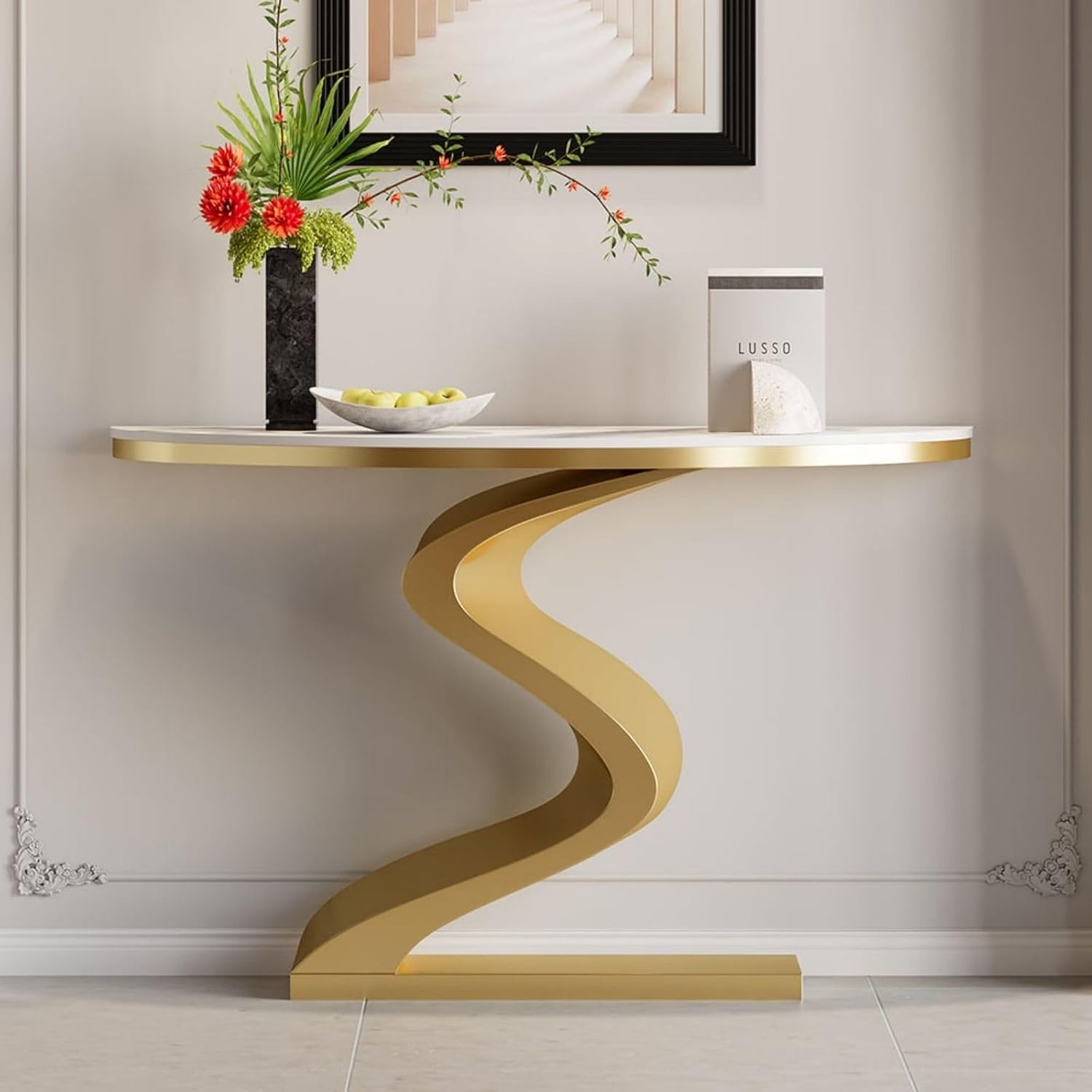Vintage White & Gold Half Circle Entry Table – Modern Half Moon Console Table