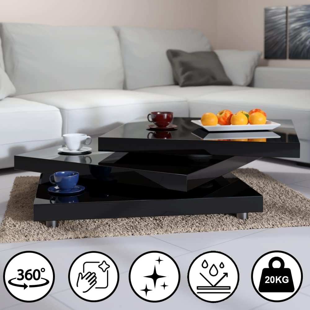 ® New High Gloss | Rotating Coffee Table | 360° Rotatable | Modern Contemporary Design | Height Adjustable Feet | 3 Tier Square Cube Living Room Side Table | 76X76Cm | Black