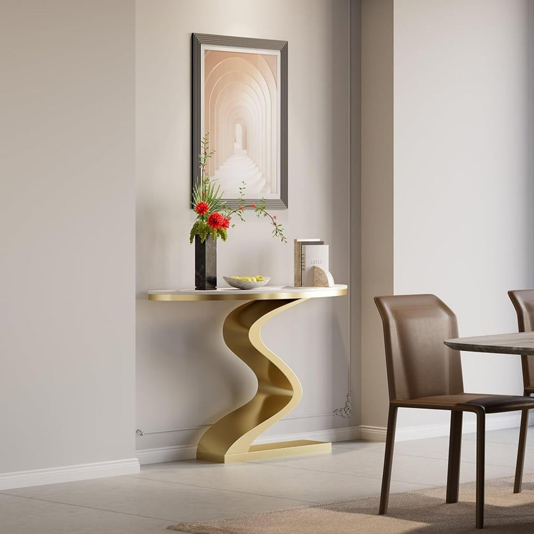 Vintage White & Gold Half Circle Entry Table – Modern Half Moon Console Table