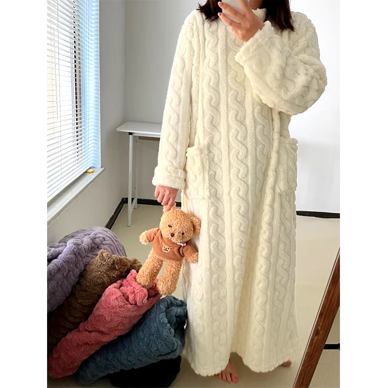 New Arrival Women Winter Thicken Night Dress Soft Coral Velvet Long Sleeve Nightgowns Solid Sleepwear Homewear