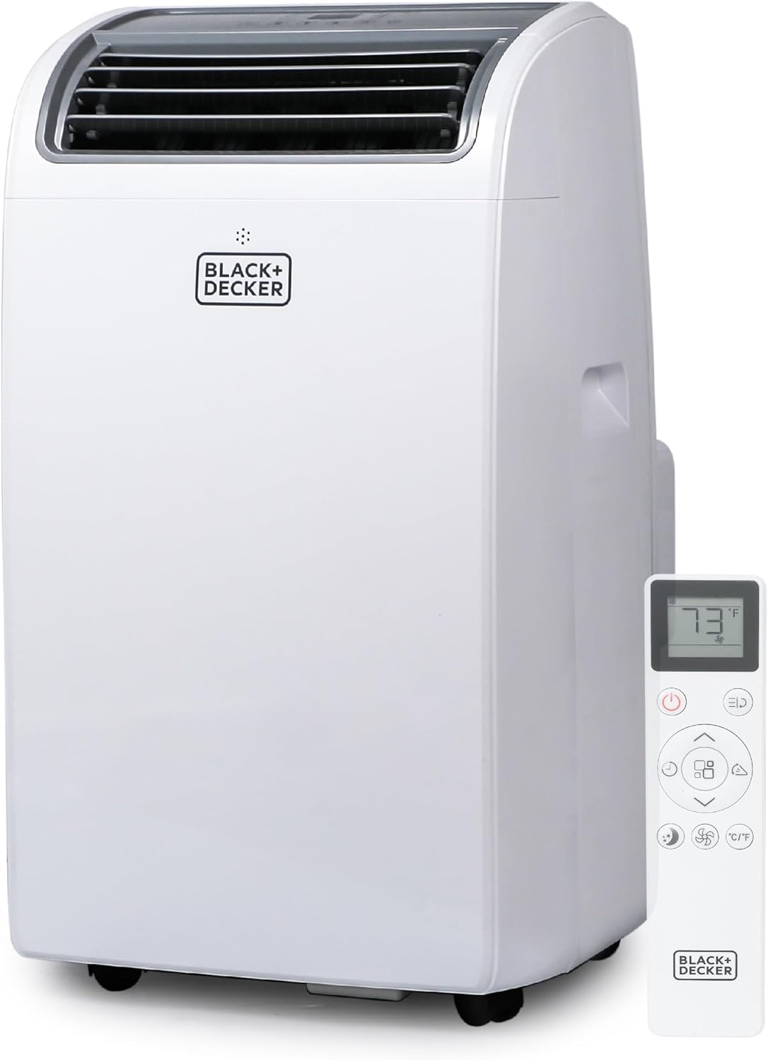 Portable air conditioner with remote control on a white background, featuring Black+Decker branding.