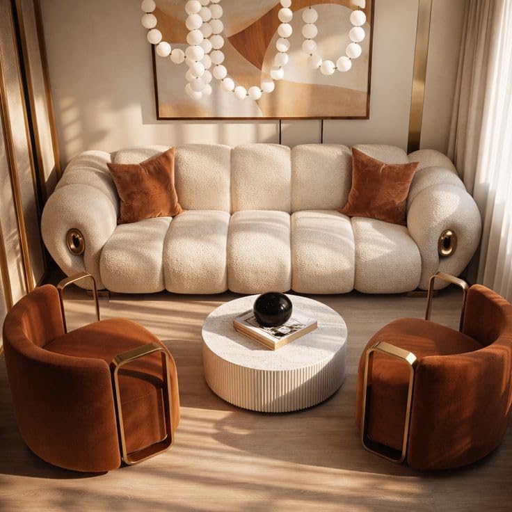 Modern living room with a beige sofa, brown armchairs, and a round coffee table.
