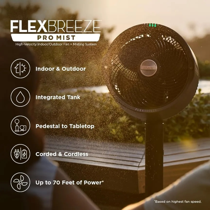 FlexBreeze Pro Mist fan with features listed on a blurred outdoor background