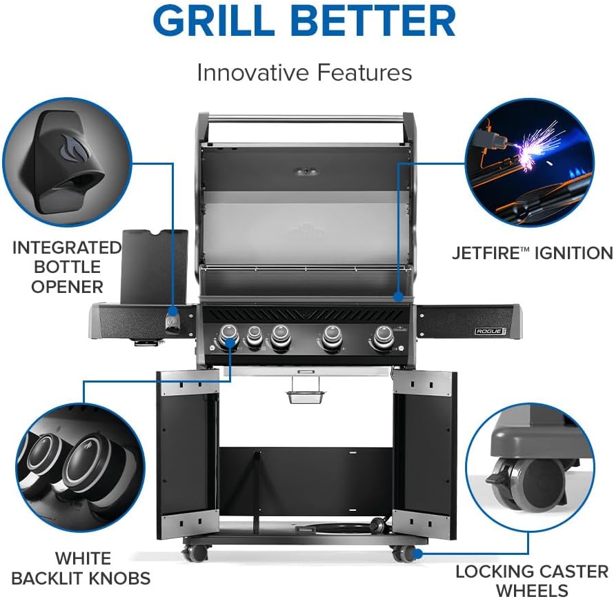 Rogue PRO 525 Natural Gas Grill with Infrared Side Burner, Black, Durable 5-Burner Cooking Surface