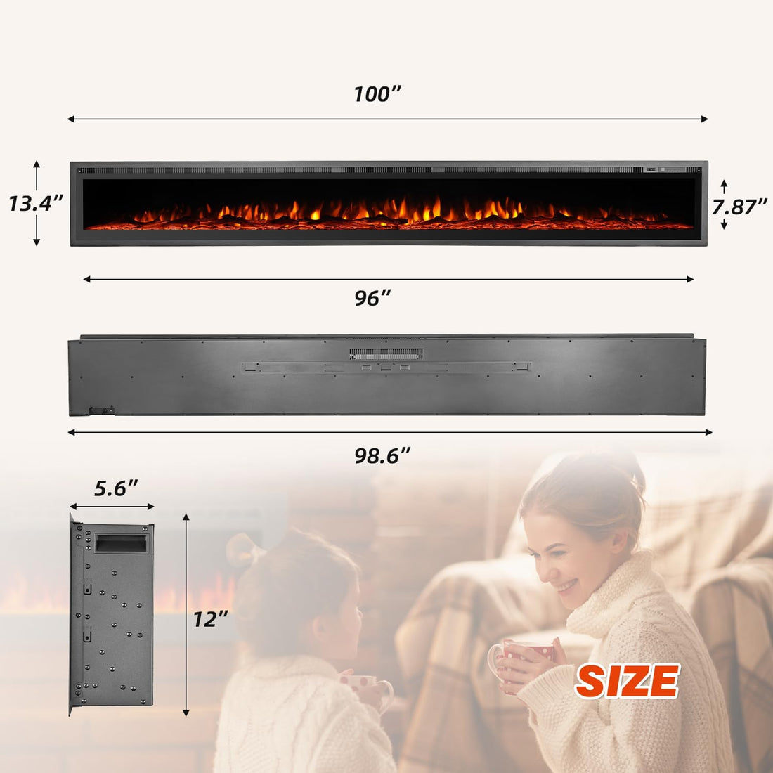 New 100 Inch Electric Fireplace Inserts,Wall Mounted with Timer, Remote Control
