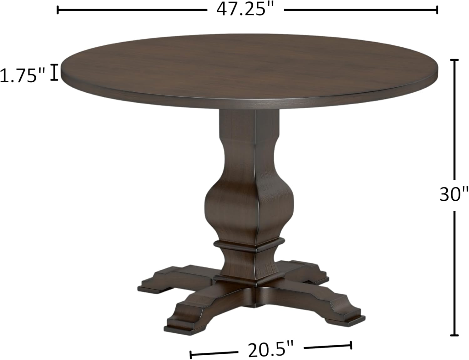 Round wooden table with dimensions labeled on a white background