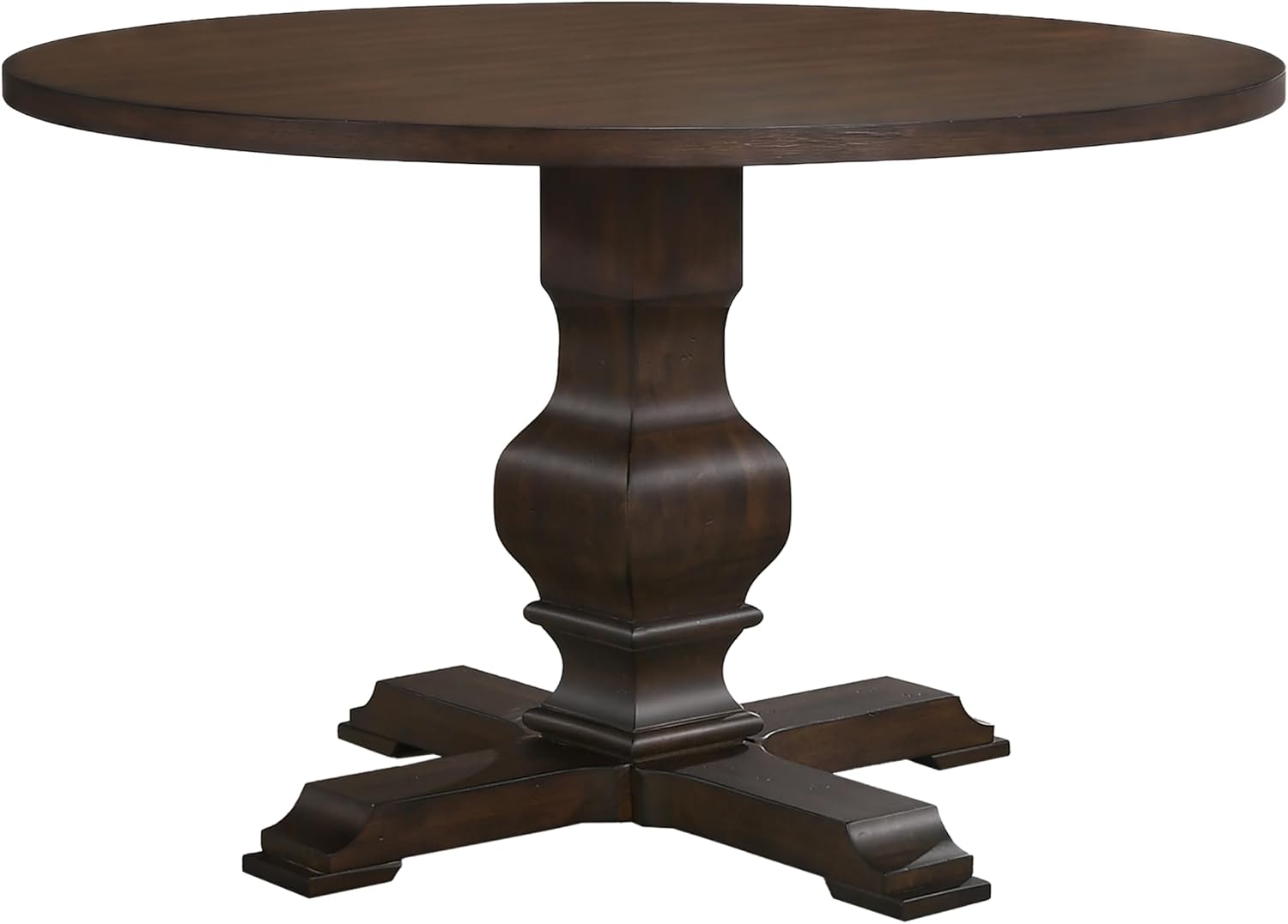 A round dark brown wooden dining table with a turned pedestal base and four carved feet, shown on a plain white background.