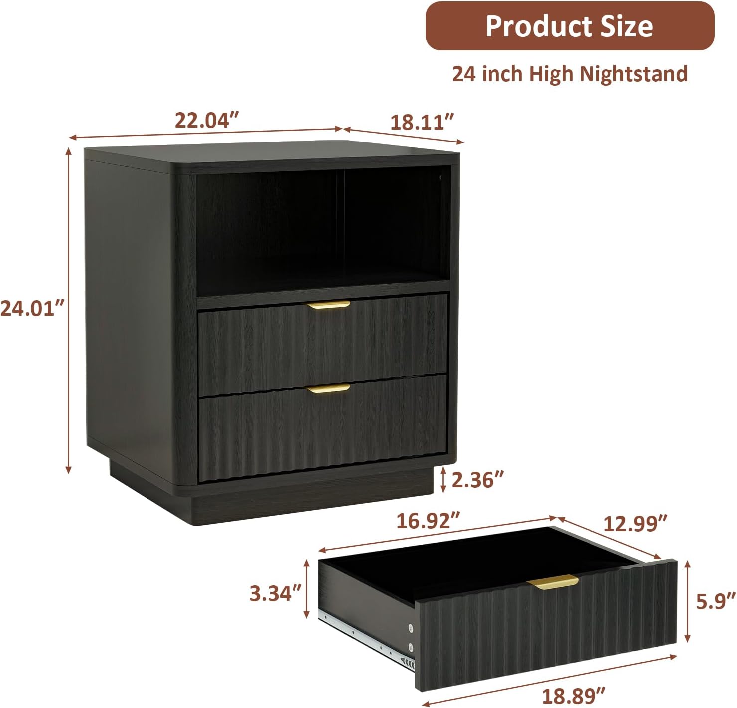 Black Fluted Nightstands Set of 2 with 2 Drawers & Open Shelves