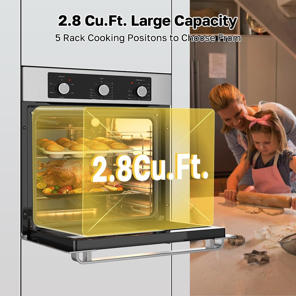 24" Electric Wall Oven, ETL Certified,  2.8 Cu.Ft. Electric Wall Oven with 5 Cooking Functions, Built-In Ovens with Anti-Mistouch Knob, Stainless Steel