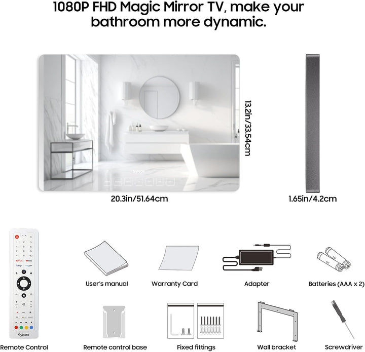 19'' Smart TV Bathroom Magic Mirror Waterproof LED TV 1080P 500NITS High Brightness Dual Front Speakers Wall Mounting Suitable for Bathrooms,Hotels,Saunas