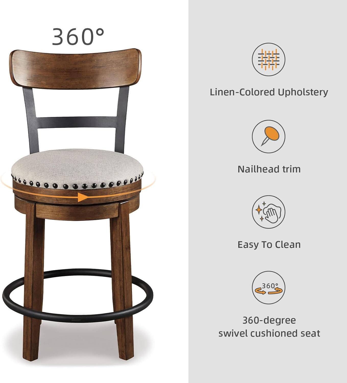 Bar Stool with 360° Swivel Seat – Cushioned Kitchen Island Stool, Wood & Metal Frame Counter Height Seating