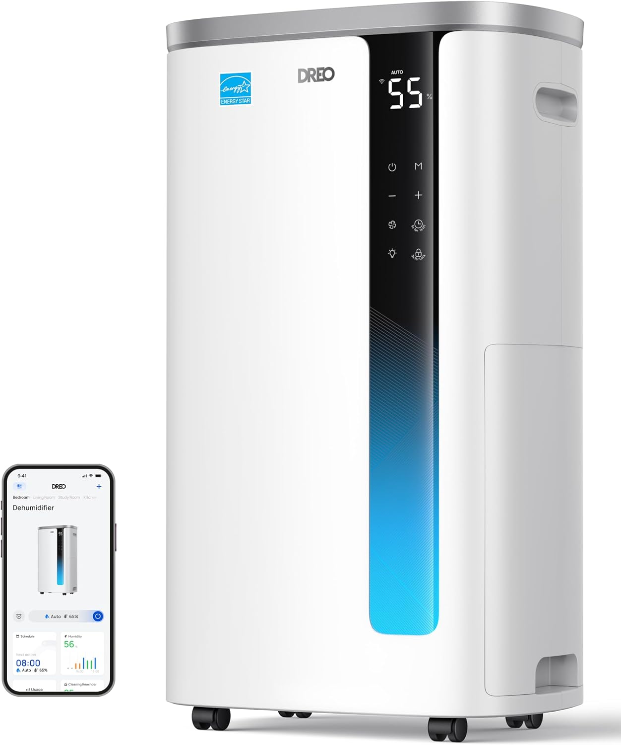 A white DREO portable dehumidifier with a black vertical control panel and blue accent light, shown on a white background with a smartphone app screen inset on the left.