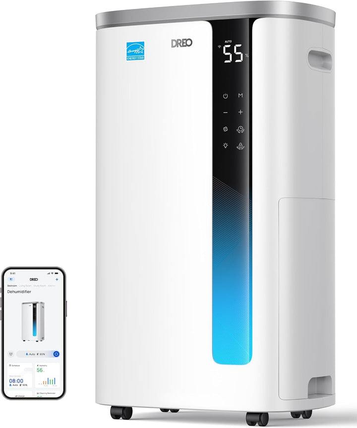 A white DREO portable dehumidifier with a black vertical control panel and blue accent light, shown on a white background with a smartphone app screen inset on the left.