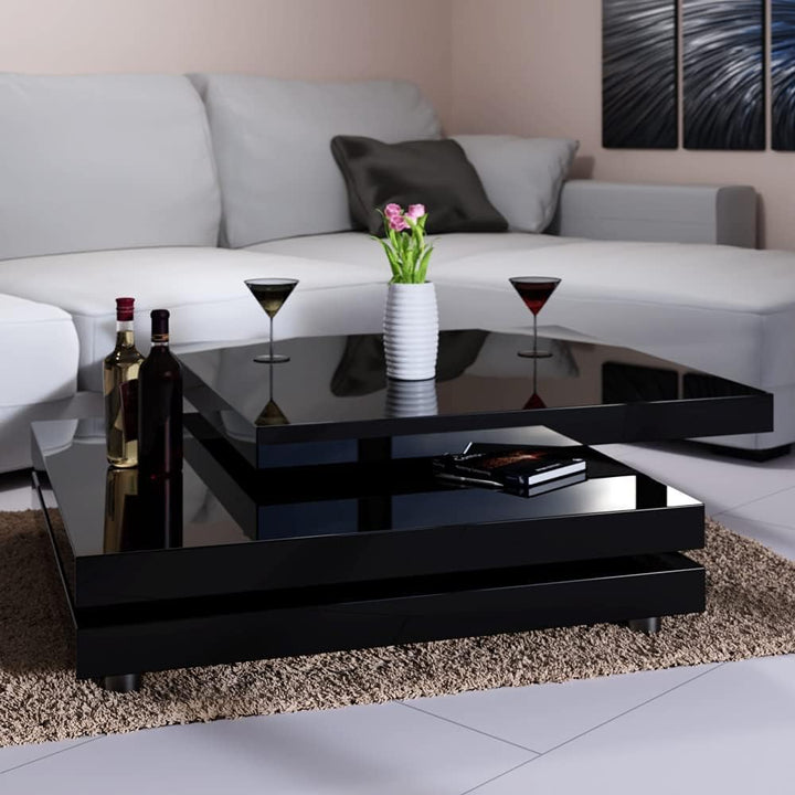 ® New High Gloss | Rotating Coffee Table | 360° Rotatable | Modern Contemporary Design | Height Adjustable Feet | 3 Tier Square Cube Living Room Side Table | 76X76Cm | Black