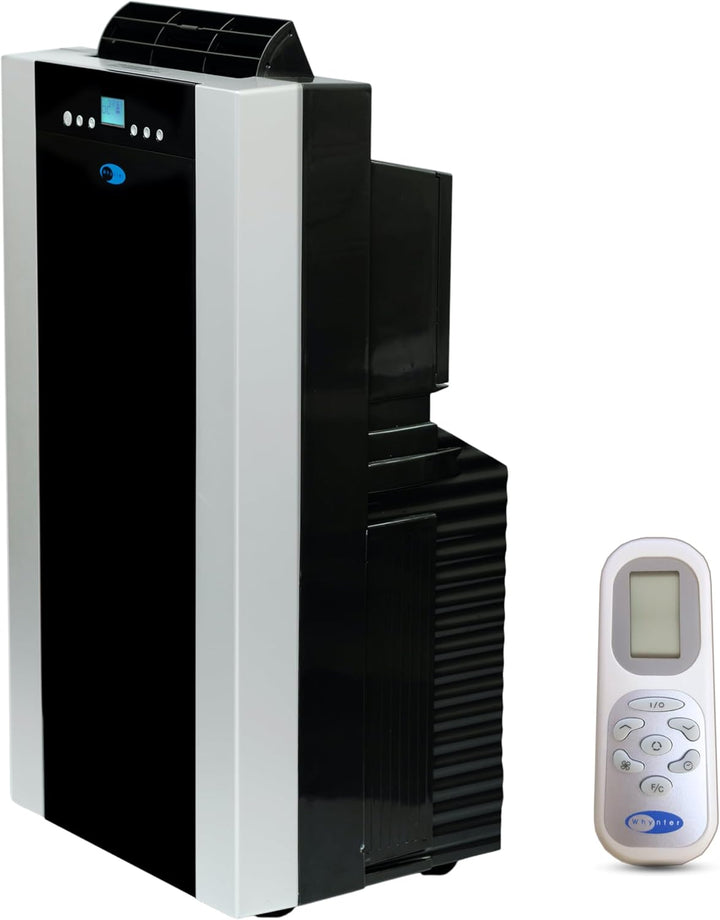 Portable air conditioner with remote control on a white background