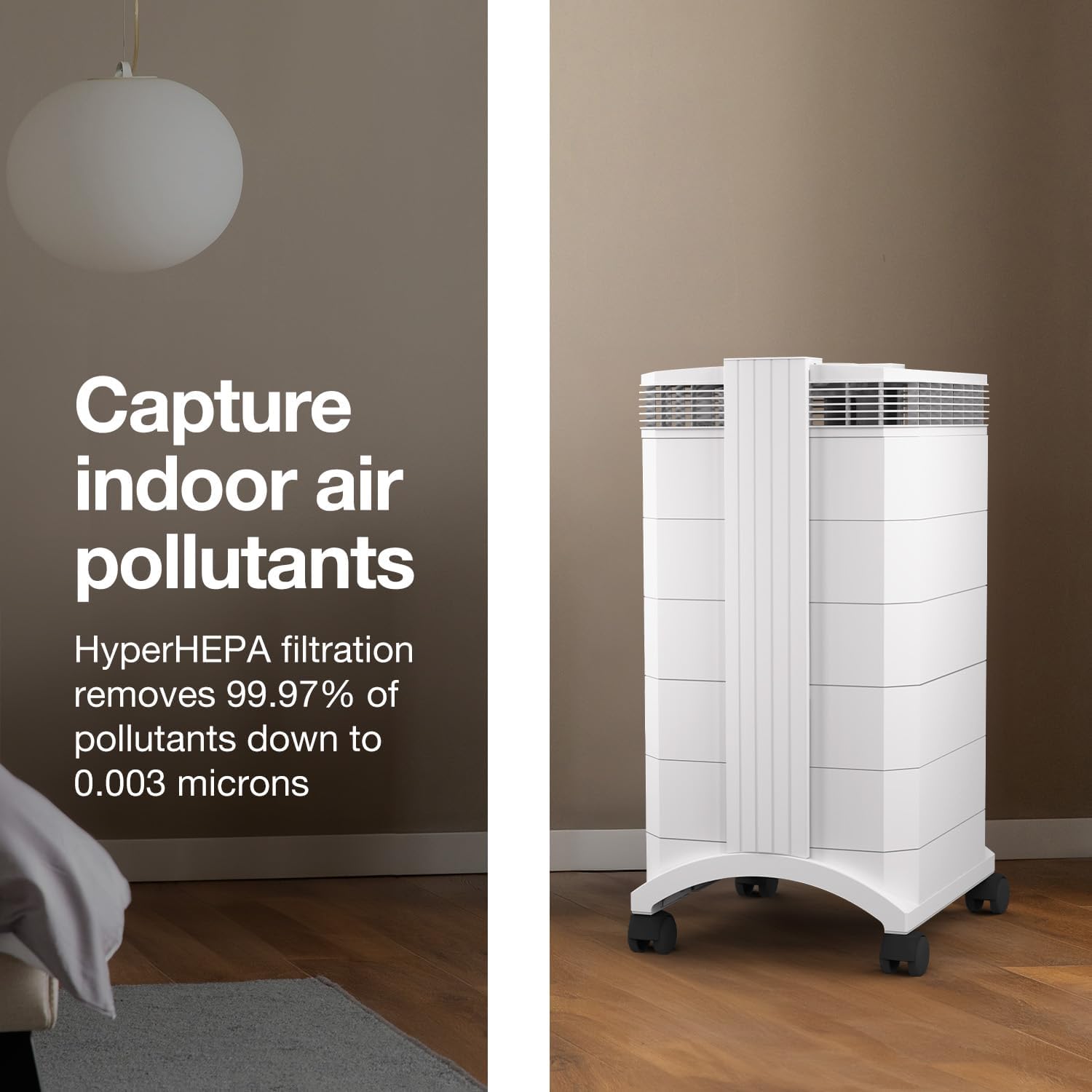 Air purifier in a room with text highlighting its air pollution removal capabilities.