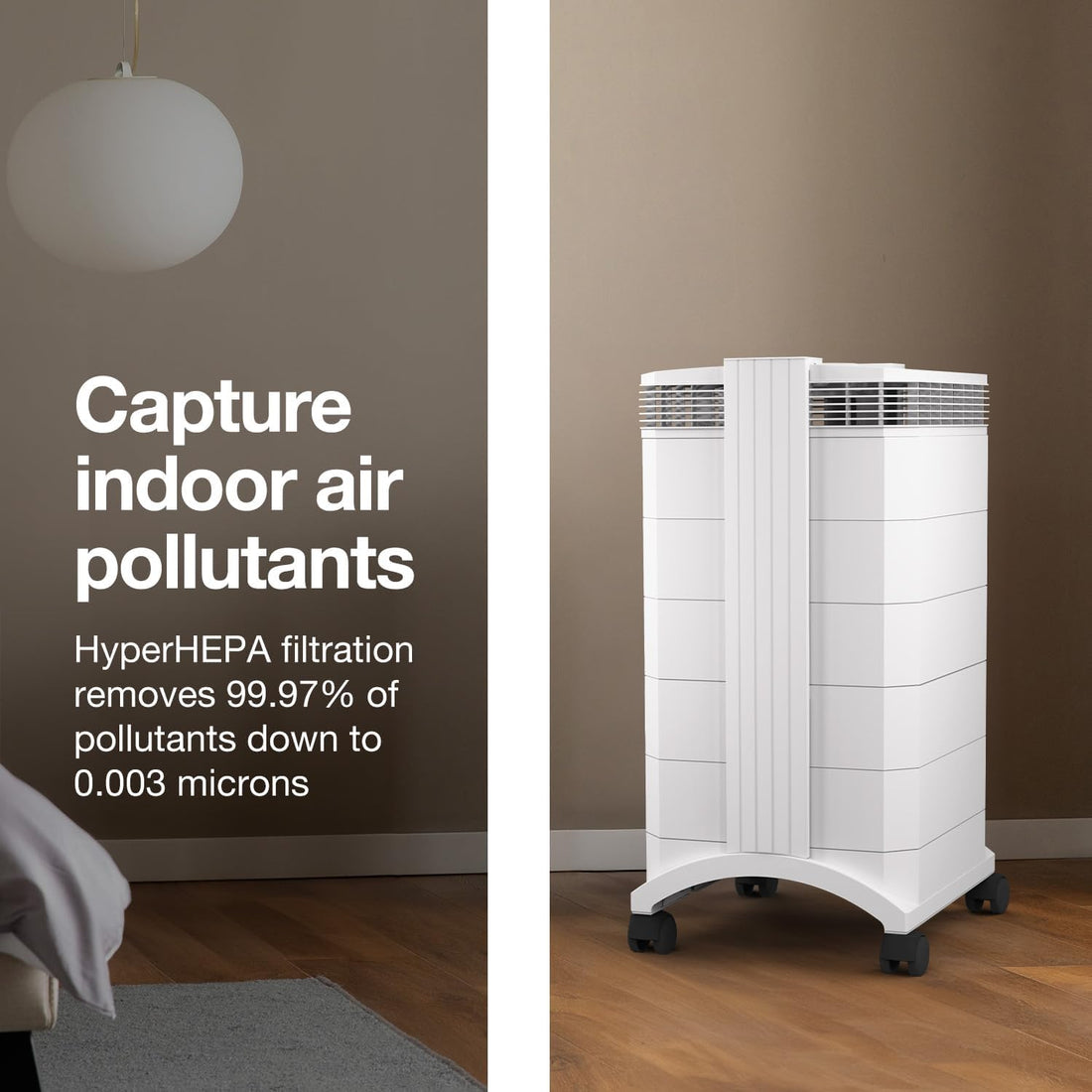 Air purifier in a room with text highlighting its air pollution removal capabilities.