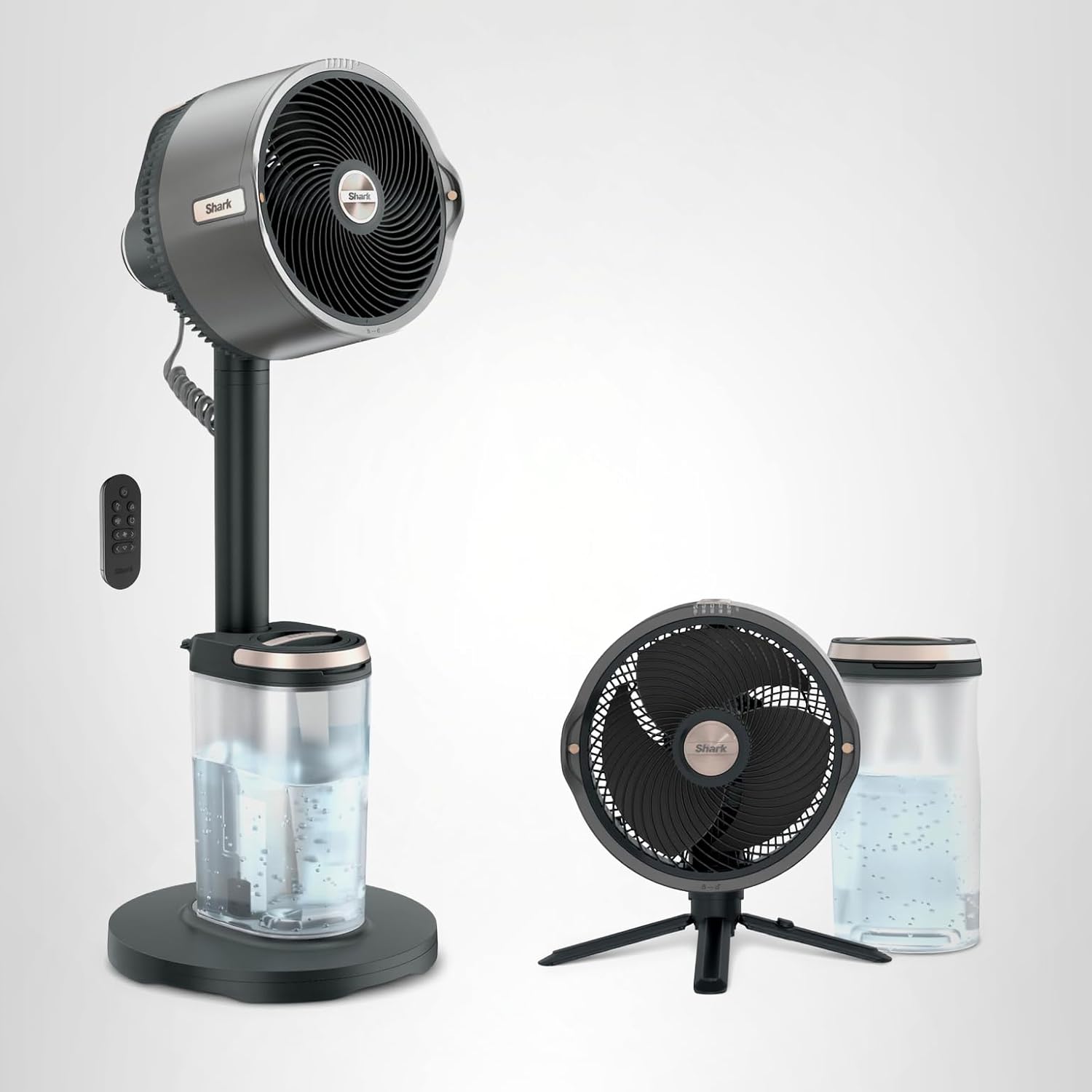 Two black oscillating fans with water tanks on a white background
