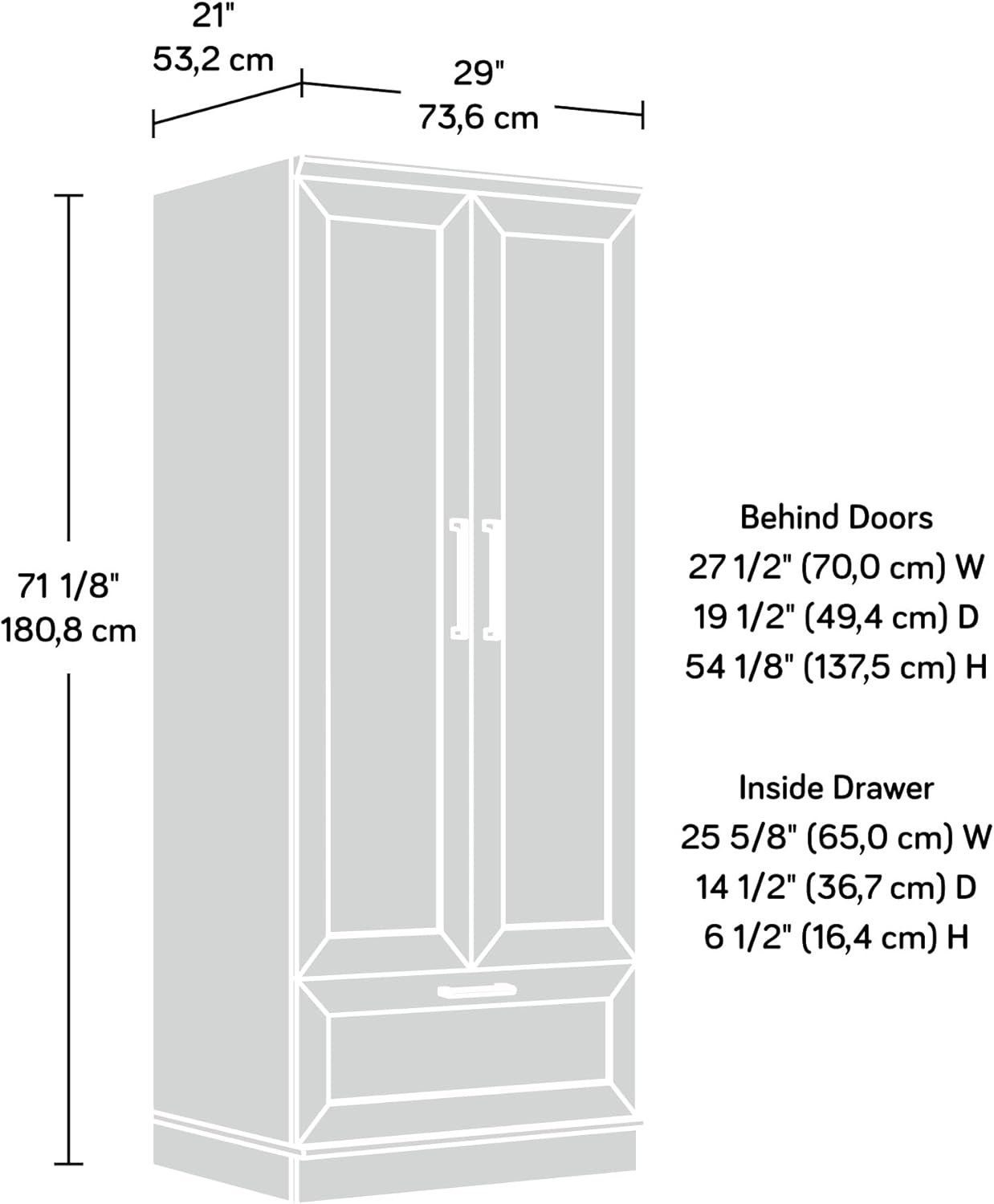 Measurement chart of a wardrobe with dimensions labeled