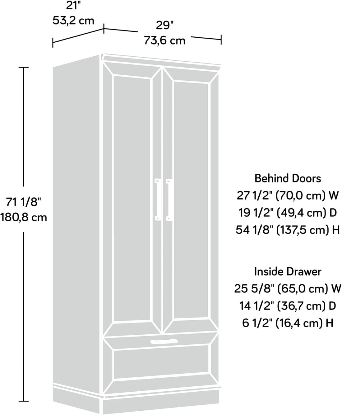 Measurement chart of a wardrobe with dimensions labeled
