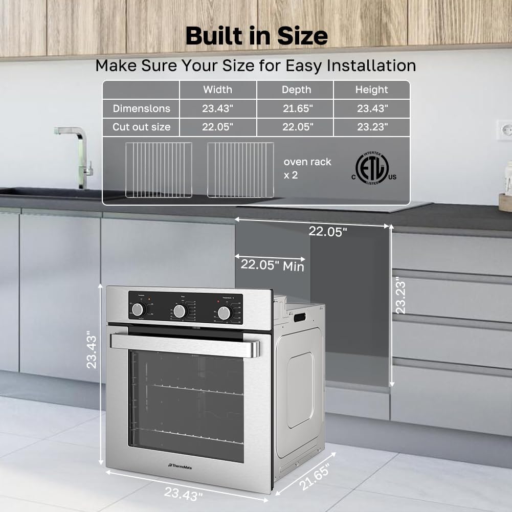 24" Electric Wall Oven, ETL Certified,  2.8 Cu.Ft. Electric Wall Oven with 5 Cooking Functions, Built-In Ovens with Anti-Mistouch Knob, Stainless Steel