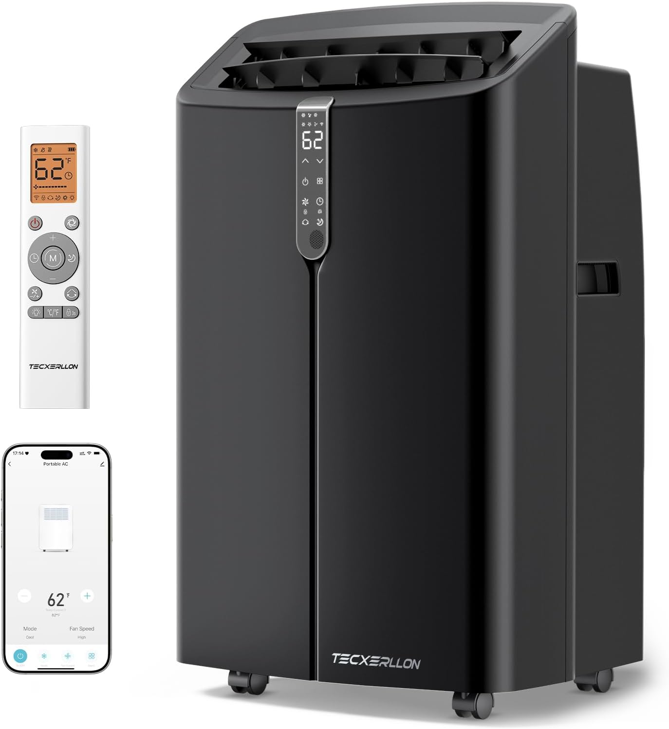 Black Teckellon portable air conditioner with a digital control panel, shown alongside a white remote control and a smartphone app screen on a white background.