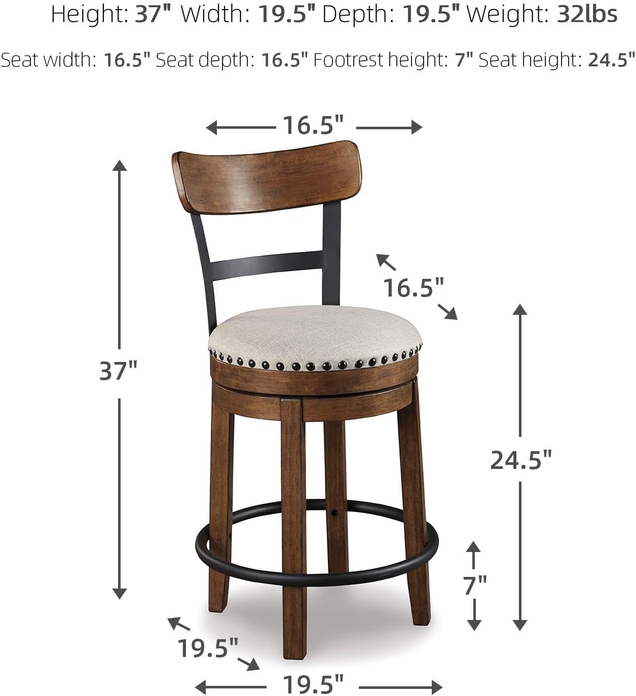 Bar Stool with 360° Swivel Seat – Cushioned Kitchen Island Stool, Wood & Metal Frame Counter Height Seating