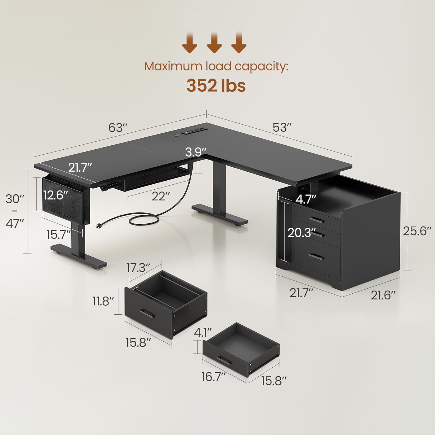 New L-Shaped Electric Standing Desk with Drawers, Power Outlet, Stand up Gaming Table with Led Lights
