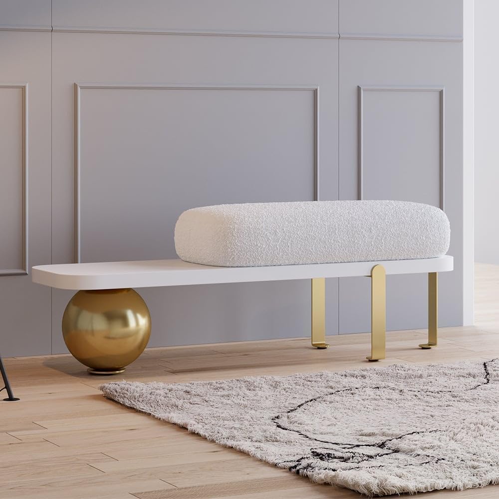 Modern Wooden Bouclé Upholstered Bench – Abstract Metal Leg with Lambswool Cushion
