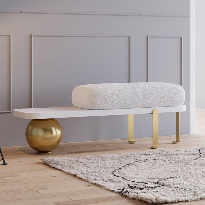 Modern Wooden Bouclé Upholstered Bench – Abstract Metal Leg with Lambswool Cushion
