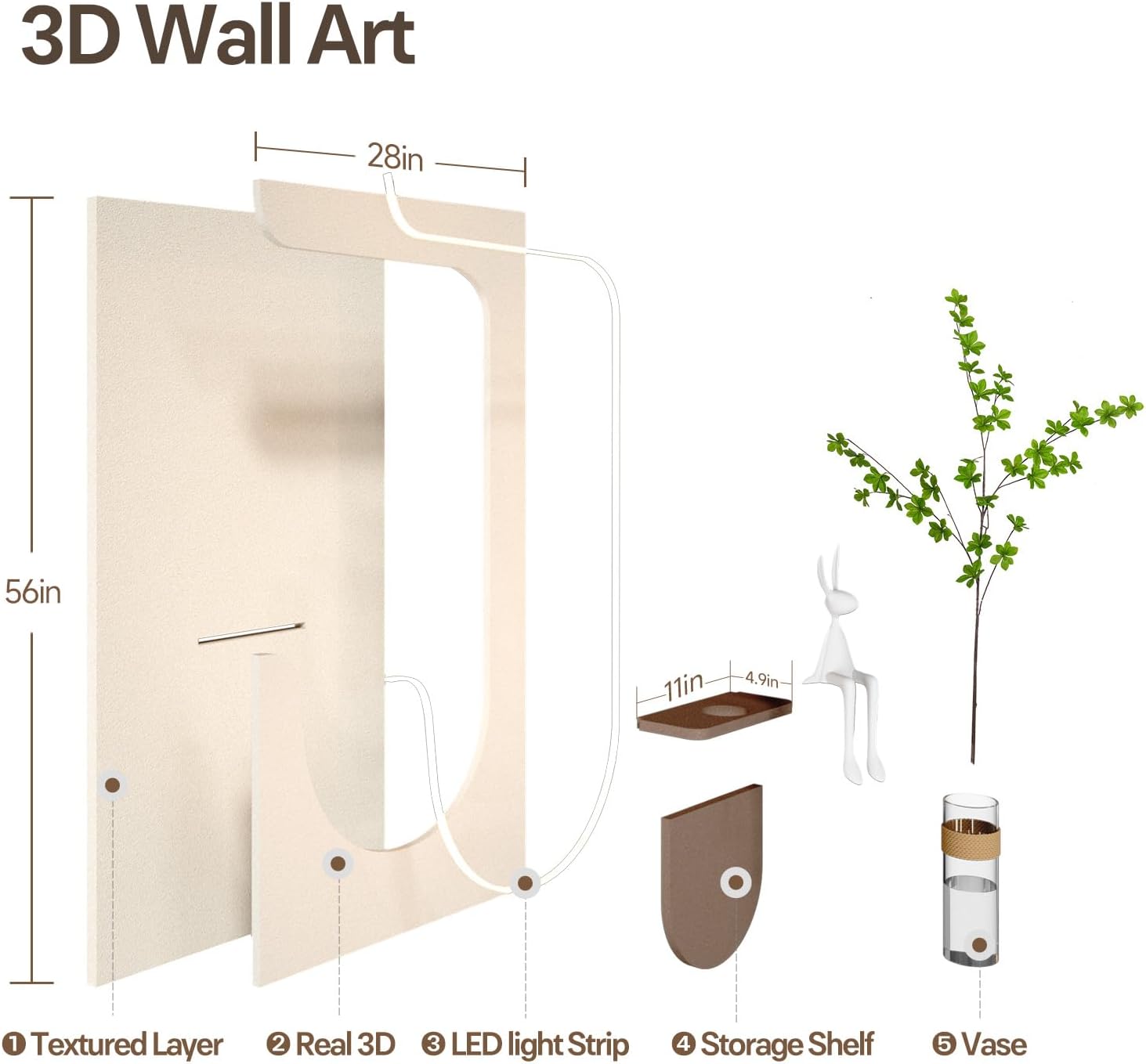 New Home LED 3D Textured Neutral Wall Art Decor – Vertical Lighted Minimalist Artwork