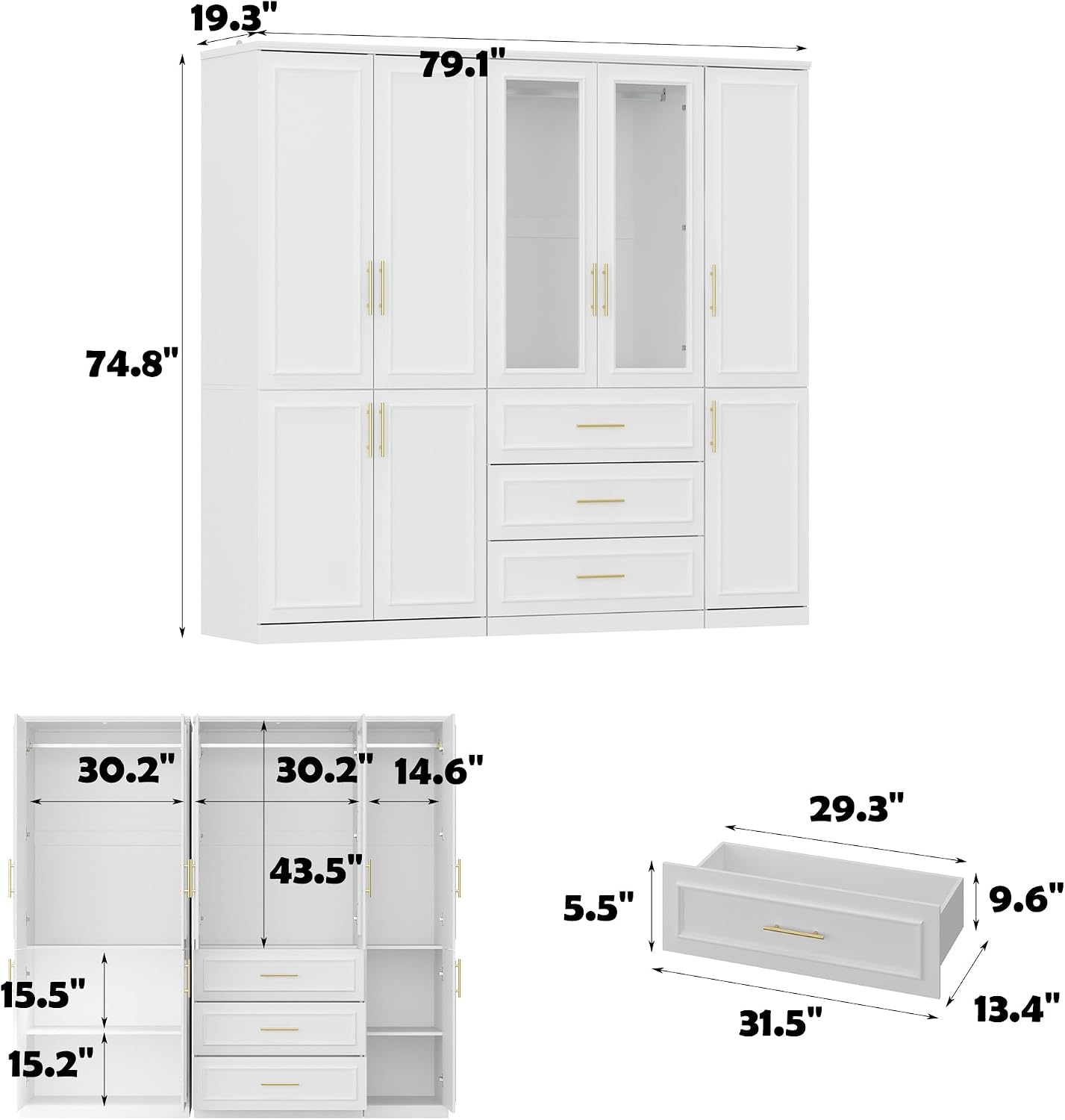 New home Wardrobe Closet Collection with Doors – Modern White Bedroom Armoire with Gold Handles