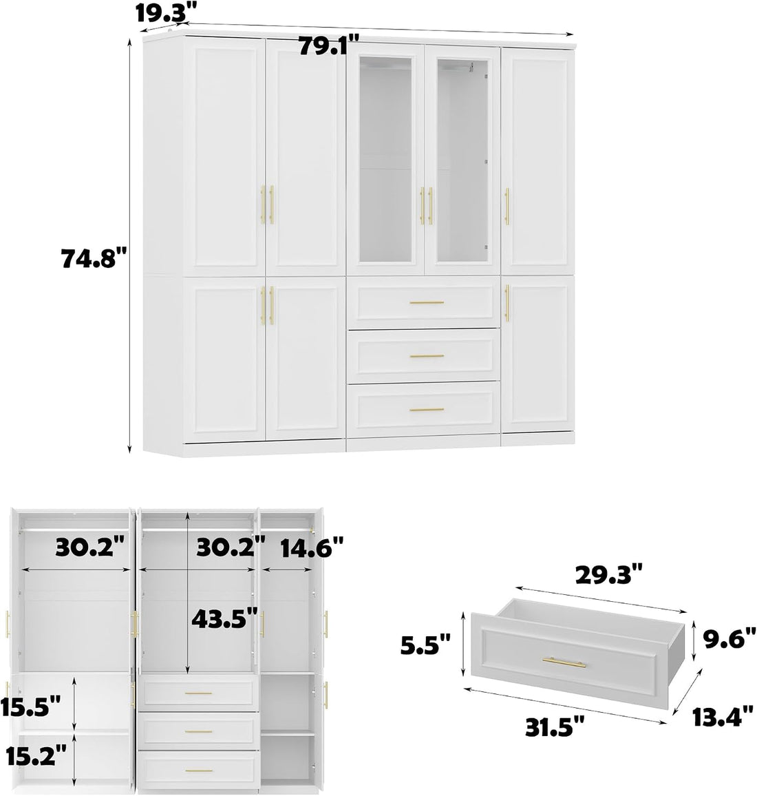 New home Wardrobe Closet Collection with Doors – Modern White Bedroom Armoire with Gold Handles