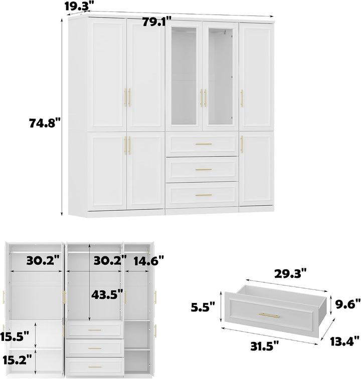 New home Wardrobe Closet Collection with Doors – Modern White Bedroom Armoire with Gold Handles