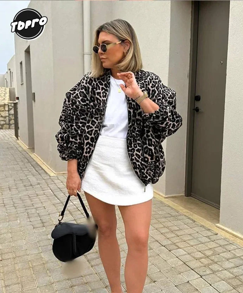 New Stylish  Female Winter Warm High Street Outwear Retro Leopard Print Cotton Coats Women Autumn Zipper Jacket