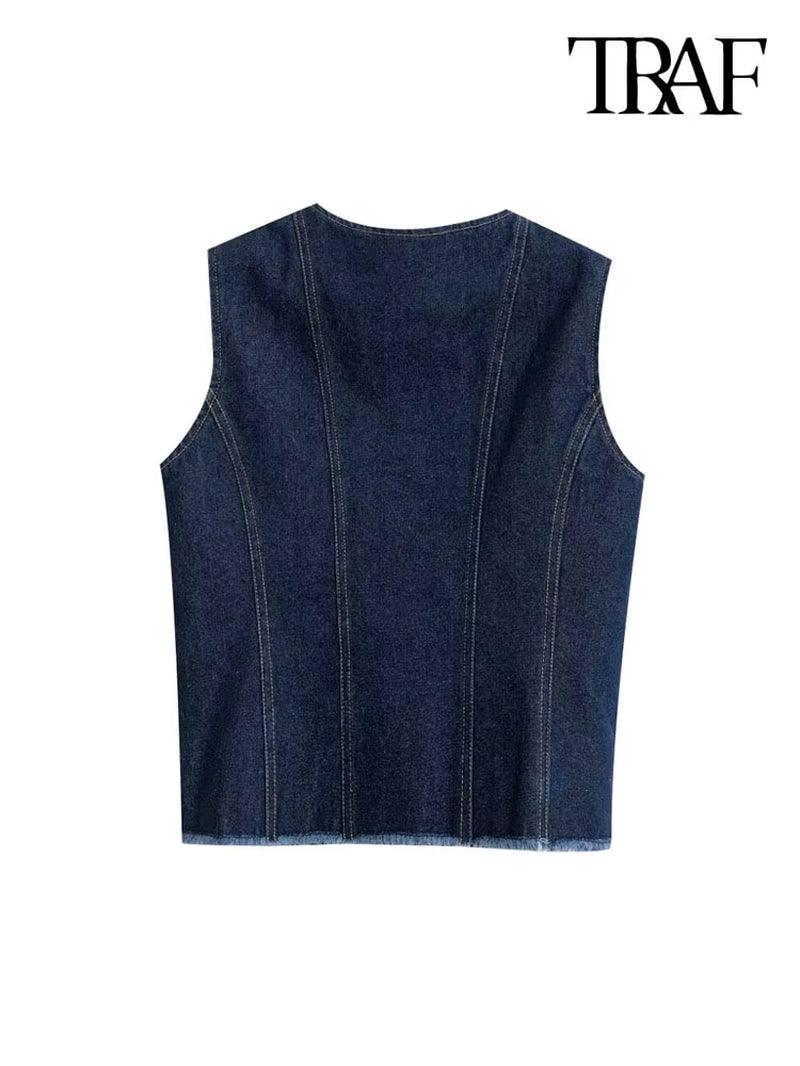 -Women'S Front Button Frayed Trims Denim Waistcoat, O Neck, Sleeveless Vest, Female Outerwear, Chic Tops, Fashion