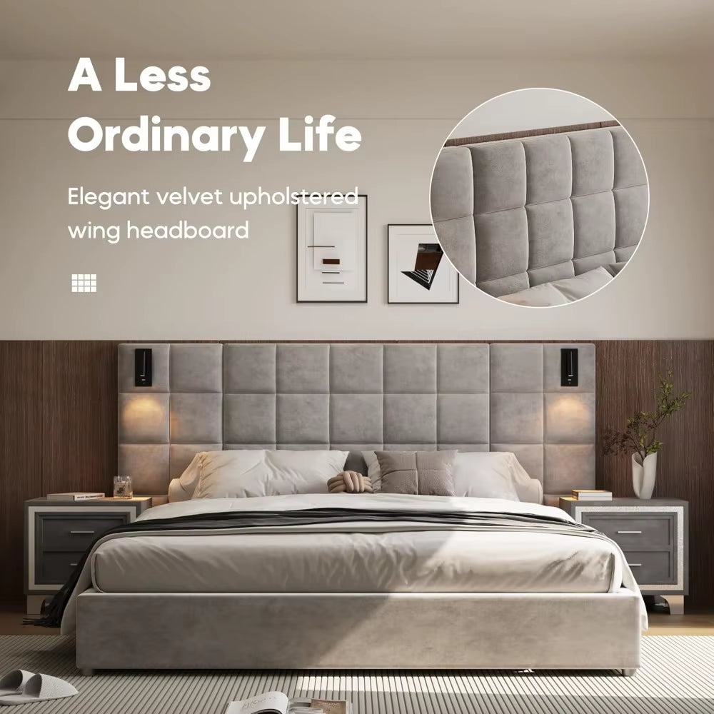 Elegant Velvet, King Platform Bed Frame with Headboard, 2 LED Wall Sconces