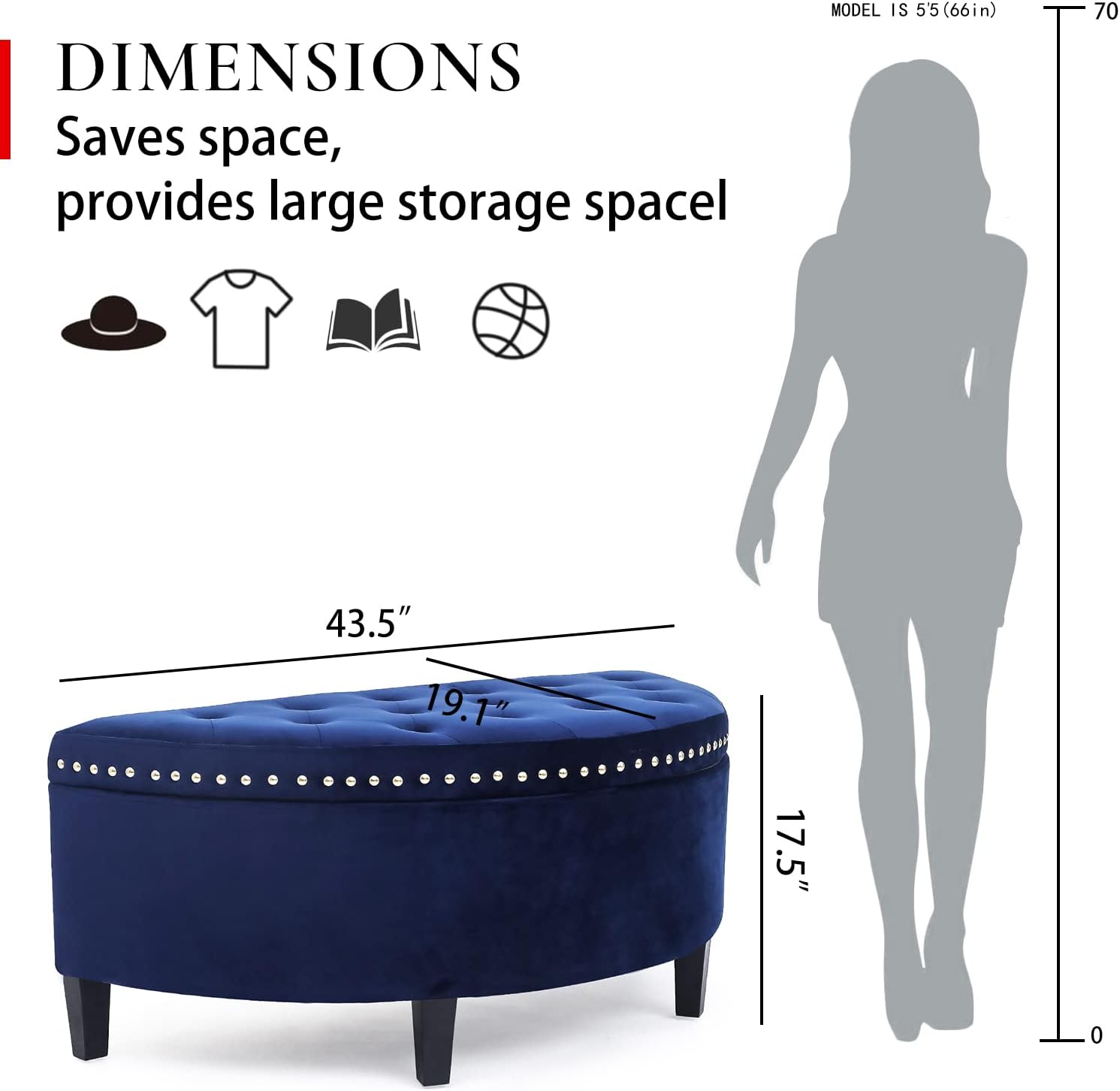 Navy blue storage ottoman with dimensions and a silhouette of a person for scale.
