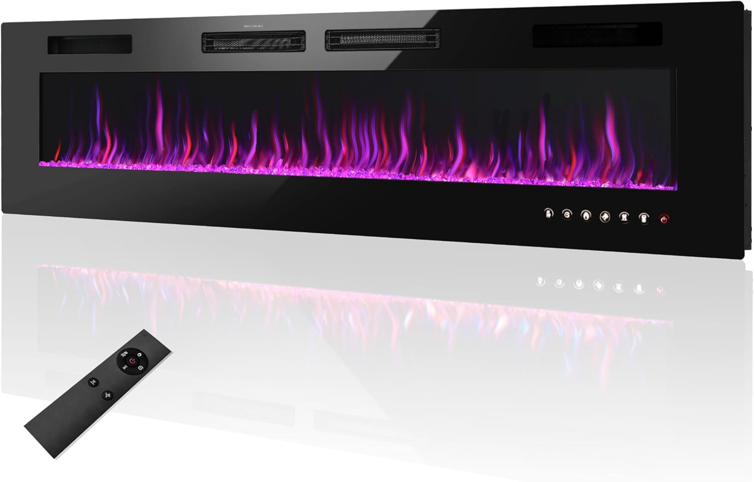 Electric fireplace with colorful flames and remote control on a white background