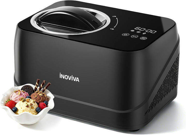 A black iNOVIVA countertop ice cream maker shown on a white background, with a small bowl of colorful ice cream and toppings placed in front of it.
