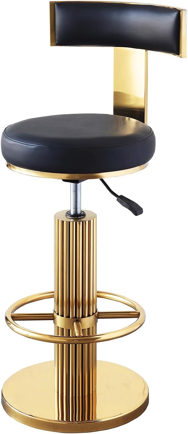 Bar stool with black seat and gold frame on a white background