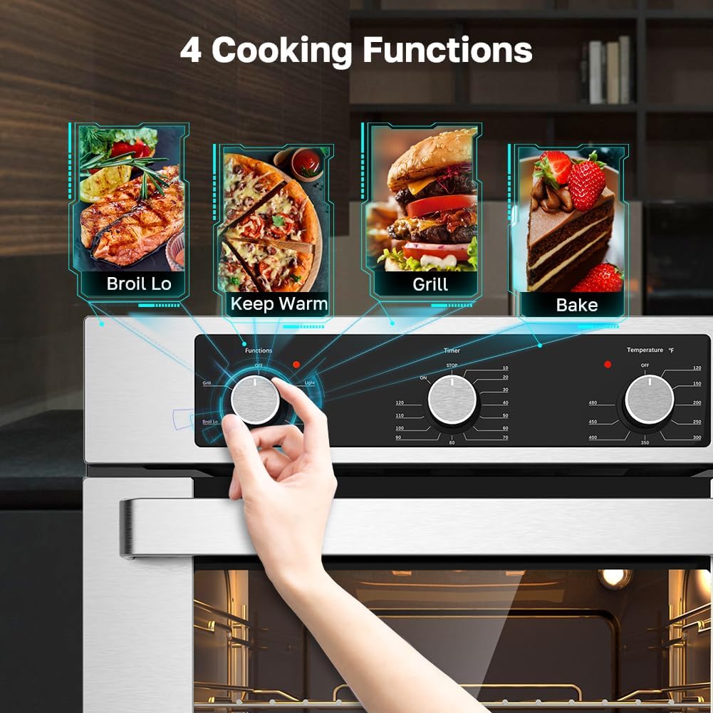 24" Electric Wall Oven, ETL Certified,  2.8 Cu.Ft. Electric Wall Oven with 5 Cooking Functions, Built-In Ovens with Anti-Mistouch Knob, Stainless Steel