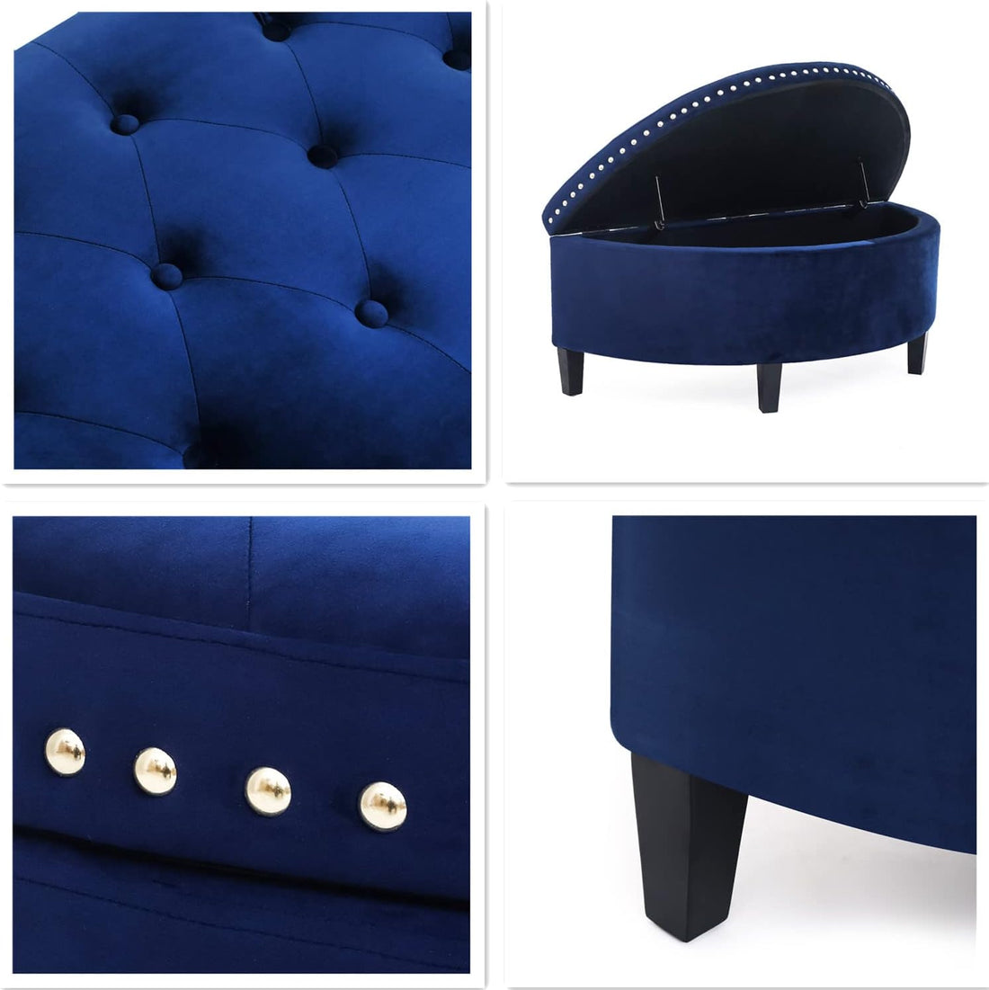 Collage of a blue upholstered chair with buttoned details and a storage ottoman.