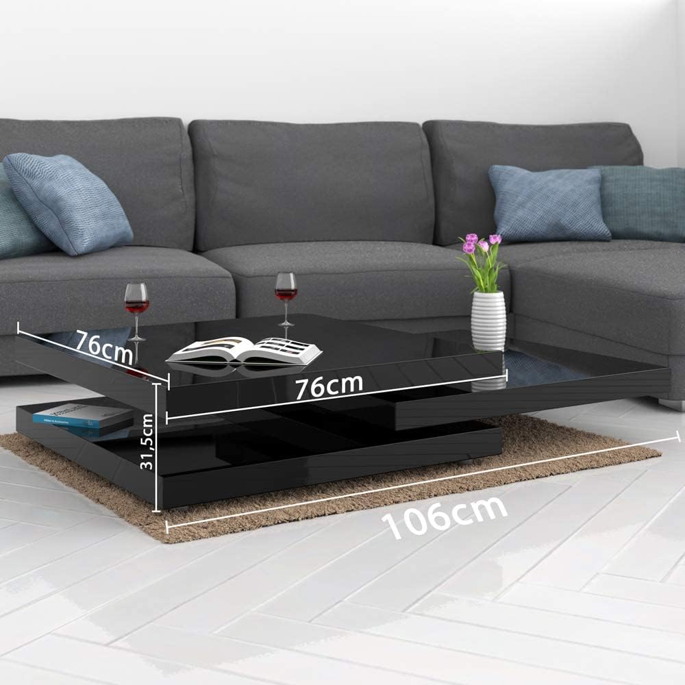 ® New High Gloss | Rotating Coffee Table | 360° Rotatable | Modern Contemporary Design | Height Adjustable Feet | 3 Tier Square Cube Living Room Side Table | 76X76Cm | Black