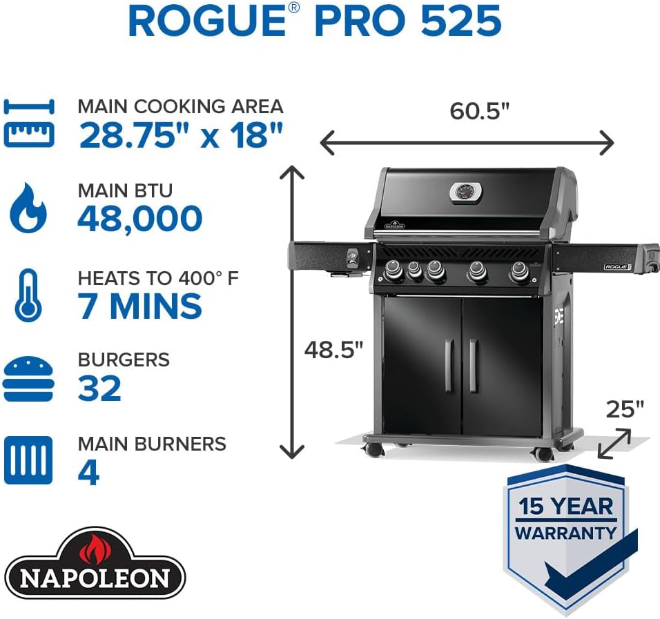 Rogue PRO 525 Natural Gas Grill with Infrared Side Burner, Black, Durable 5-Burner Cooking Surface